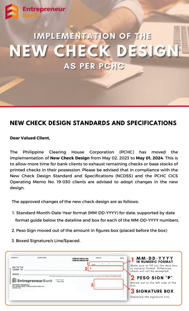 NEW CHECK DESIGN STANDARDS AND SPECIFICATIONS – Entrepreneur Bank